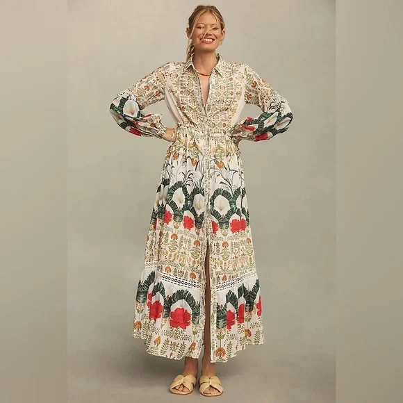 Anthropologie Button Down Eleanora Maxi ShirtDress Botanical Motif XL Needs TLC - Picture 1 of 6